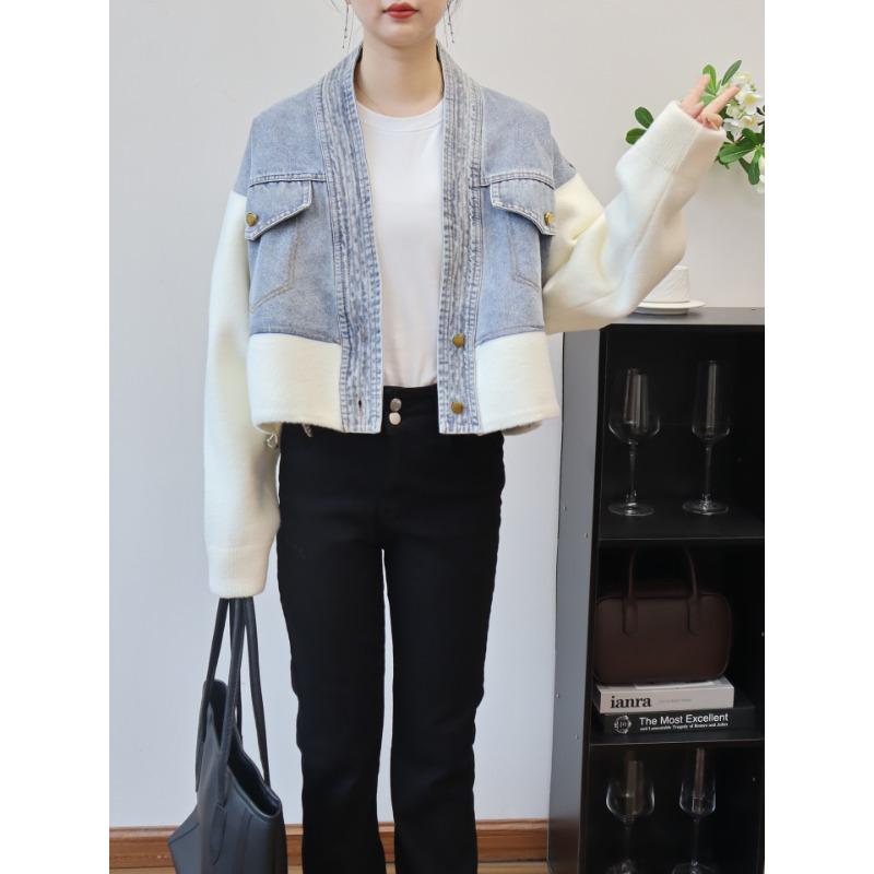 Short Spliced Denim Knitted Double-sided Cardigan Autumn and Winter New Loose Temperament Sweater Jacket Women