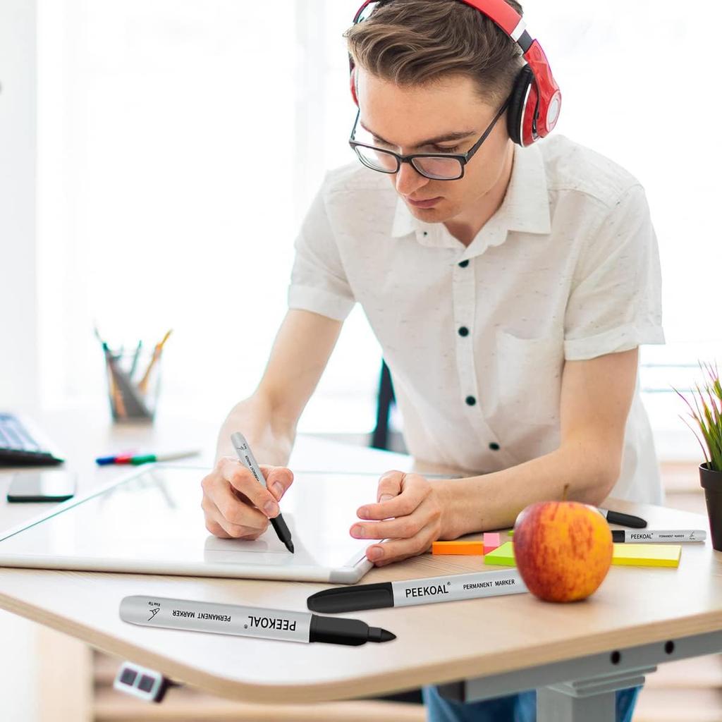 Black Permanent Markers, 8 Pack Fine Tip Black Marker Pens,Water Resistant Marking Pens for Office & School Supplies