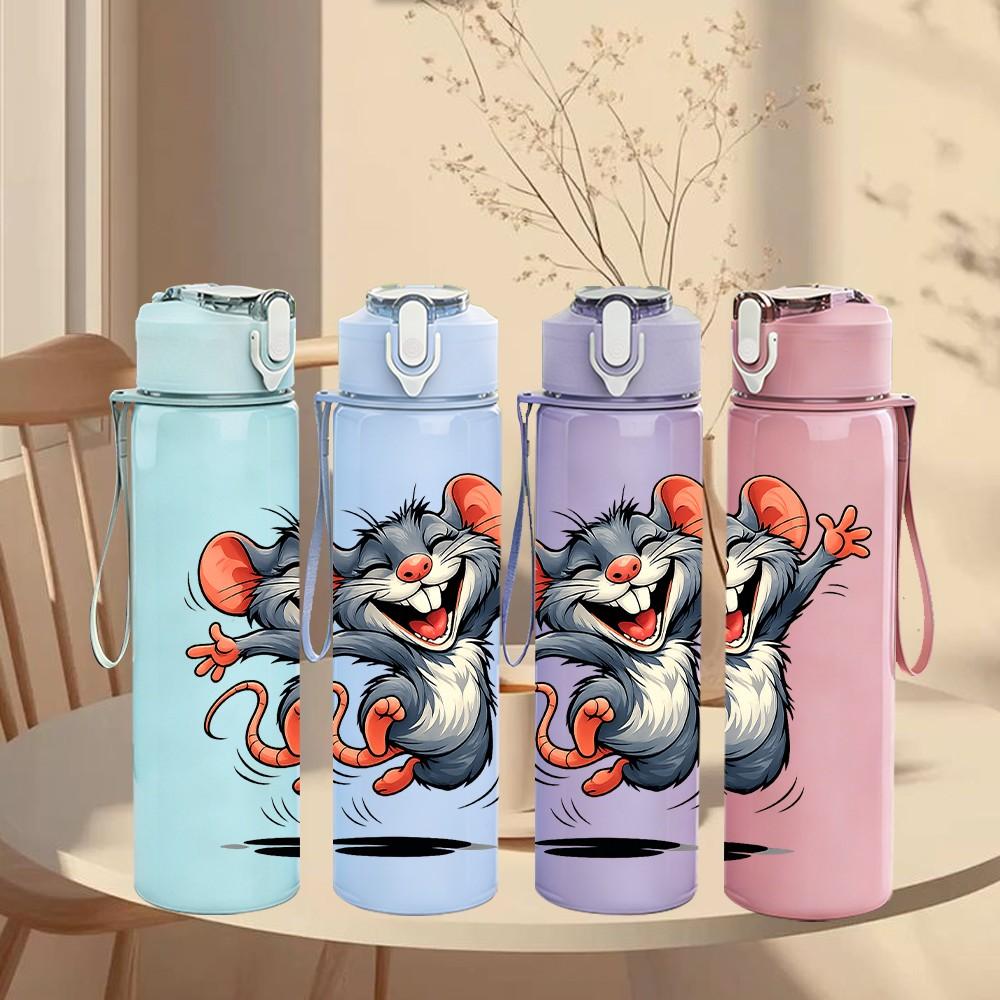 1PC Mouse Big Ears Cartoon Print 750ml Color Plastic Sports Water Bottle Leakproof Flip Straw Lid Suitable for Sports Office Home Use