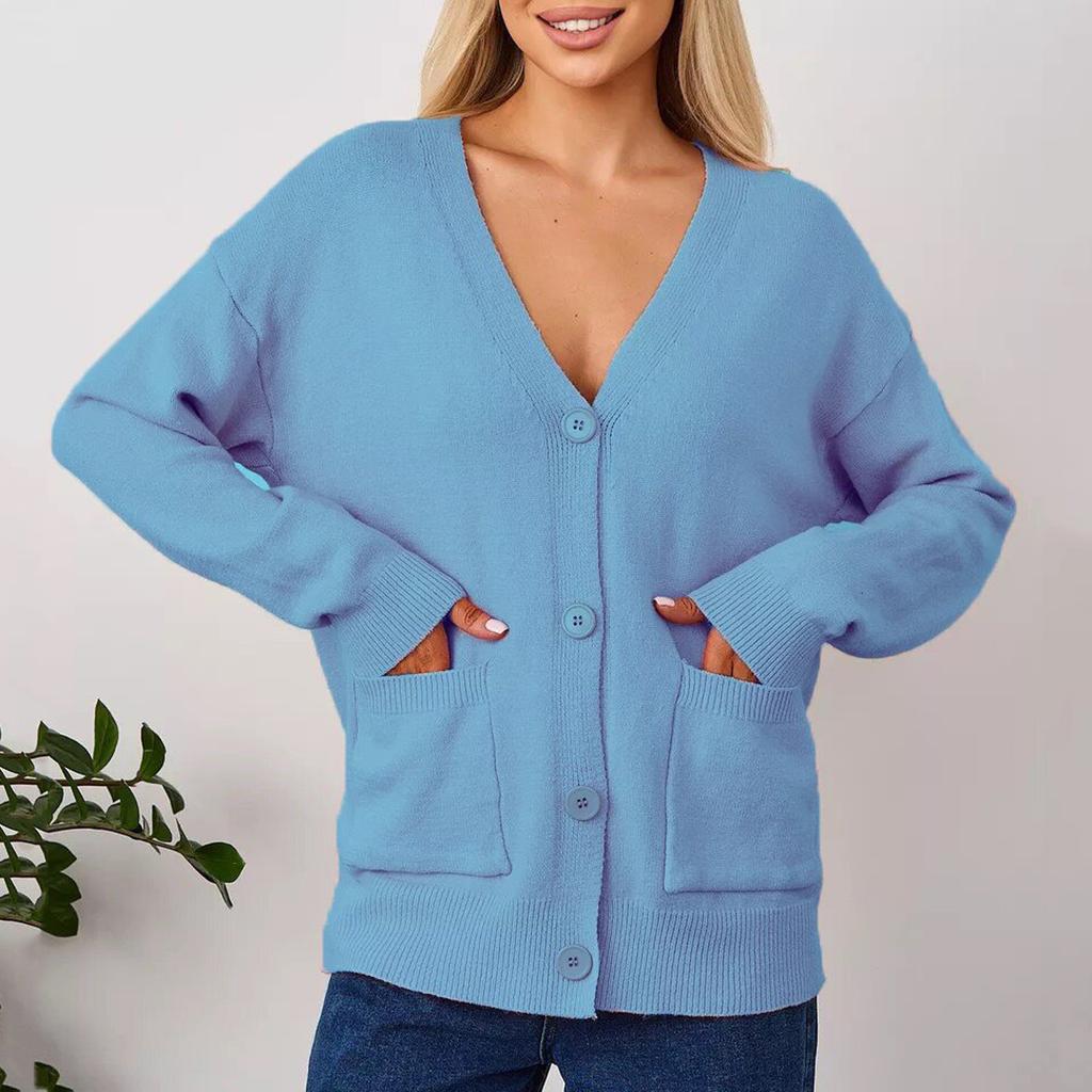 Suéter tipo cárdigan informal de color liso para mujer con bolsillos para abrigo de mujer