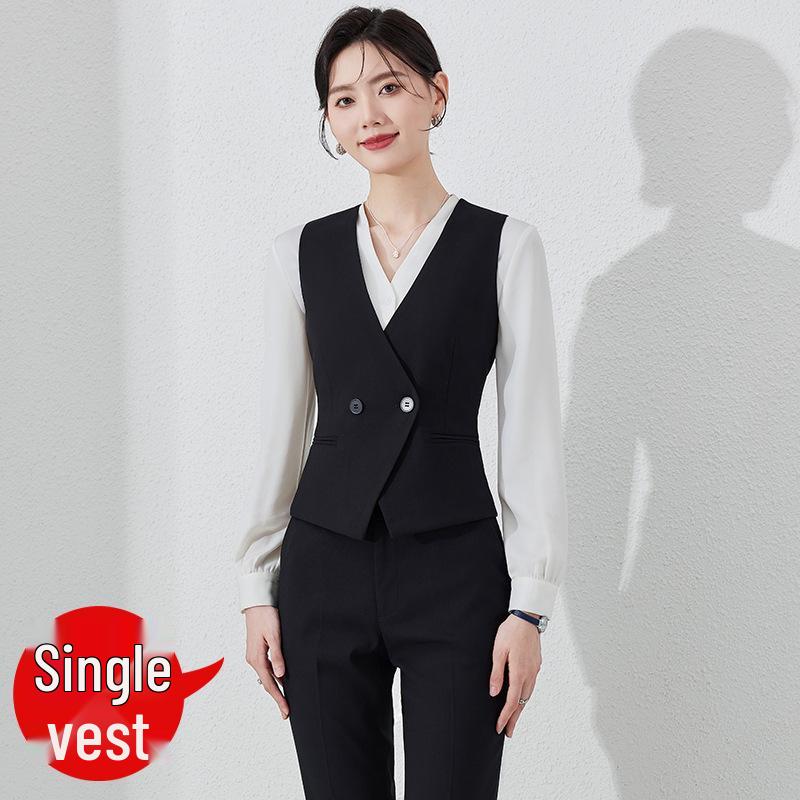 Women's 2024 Black Professional Sleeveless Vest & Pants Set for Hotel Manager