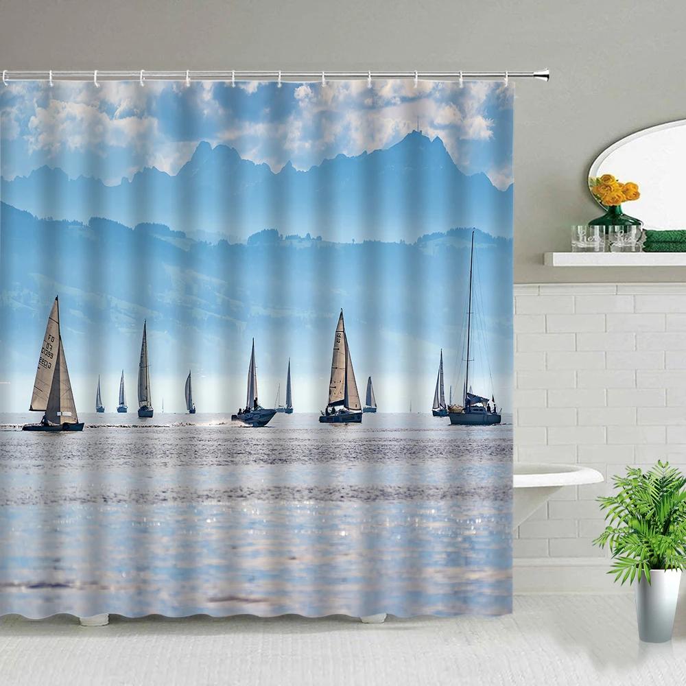 Sailboat Ocean Scenery Bathroom Shower Curtains Oil Painting Landscape Waterproof Bath Curtain Bathtub Decor Cloth Set With Hook