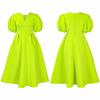 Large Size Women Fashion Solid Dress Ladies Elegant One Piece V Neck Puff Sleeves Swing Dress