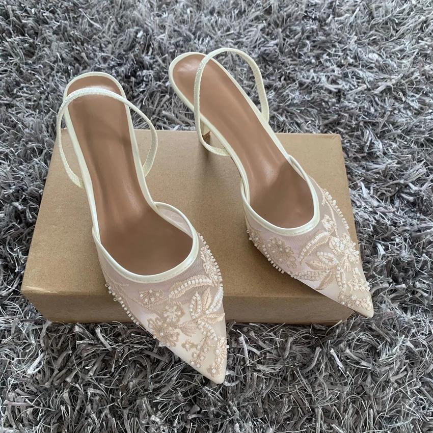 Brand Designer White Women Wedding Pumps Mesh Embroidered Flowers Back Strap Sexy Slingback High Heels Dress Ladies Shoes