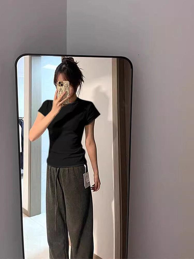 T-shirt chic blanc slim pour femme style coréen - Manches courtes, amincissant, polyvalent, mode printemps/été