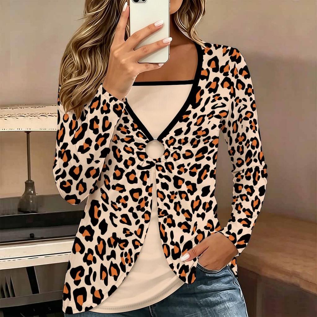 Tops for Women Leopard Print Long Sleeve Fake Two‑Piece Top Fall Casual Slim Pullover Women's Long Sleeve Top