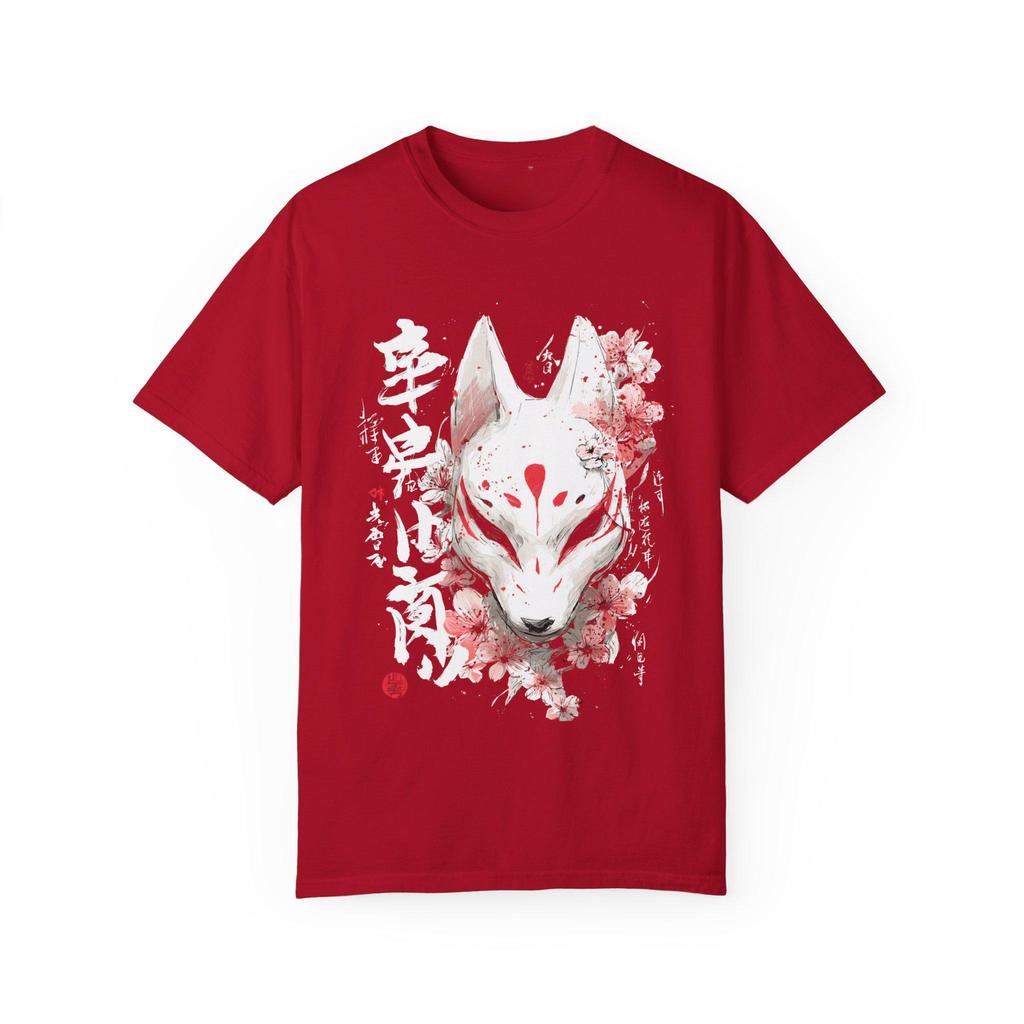 Mystical White Kitsune Fox Mask Unisex T-shirt, Men's Women's Tee, Japanese Folklore Urban Streetwear Top Animal Spirit Clothing