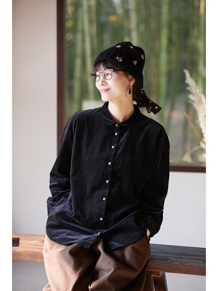 Women s Retro Corduroy Lapel Shirt - Winter Casual Large