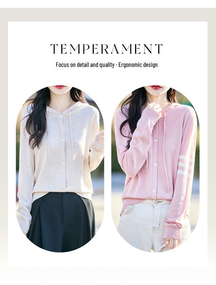 2026 Spring/Summer Women's Lightweight Wool Knit Hooded Cardigan with Three Stripes