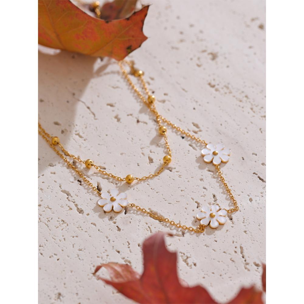 Yhpup Exquisite Natural Shell Flower Double Layer Chain Overlay Necklace 18K Golden Plated Stainless Steel Fashion Jewelry Gift