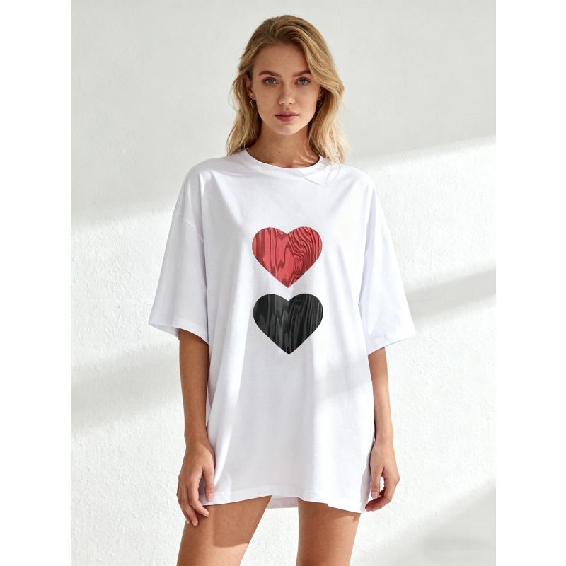Oversized T Shirt Black Heart Wood Pattern Print Casual Streetwear Fashion Top For Women Summer Outfit