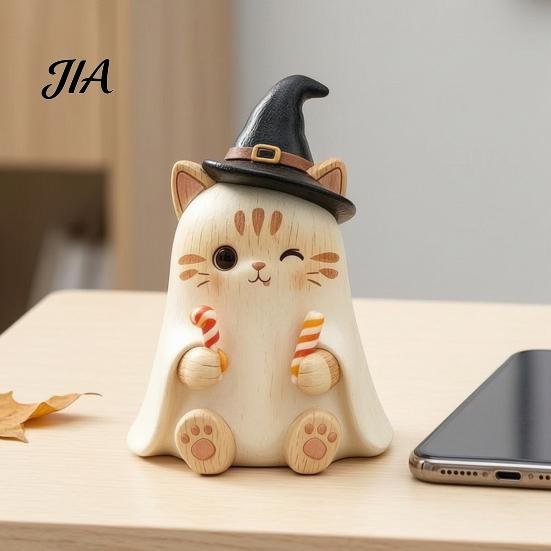 Trendy Desk Accessories Vintage Witch Cat Halloween Decoration, Small Wooden Unique Gift for Her Figurine Farmhouse Mantel, Bookshelf Table,