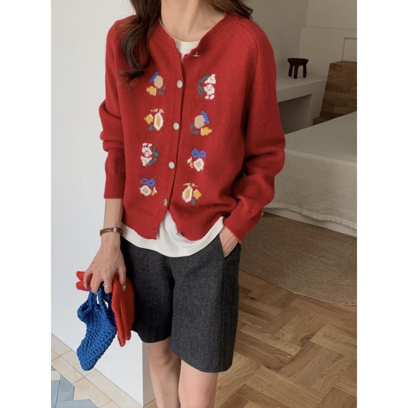 Vintage Autumn and Winter Heavy Industry Jacquard Embroidered Knitted Cardigan Women's High-end Sense Casual Loose Thickened Sweater Jacket Women