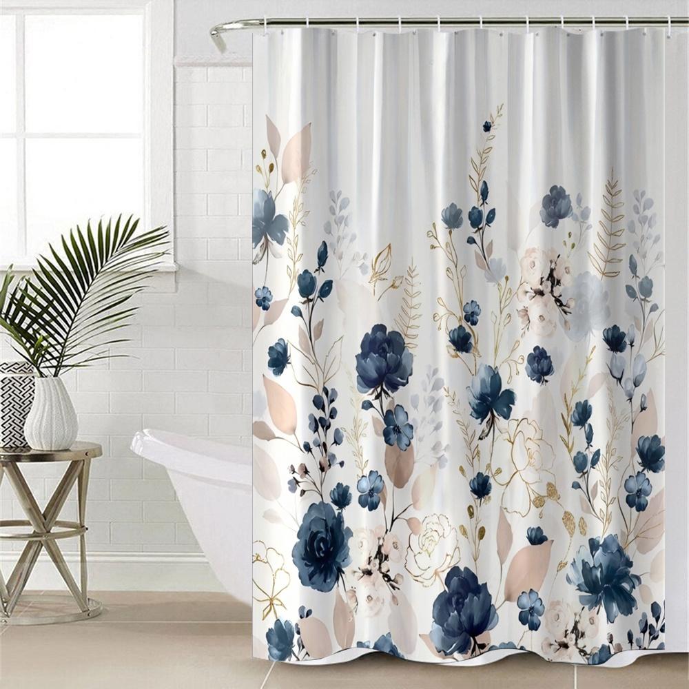 

1Pc Of Blue Floral Digital Print Waterproof Polyester Shower Curtain, No Drilling Required, Bathroom Partition Curtain. W60H190(CM)-1 Pcs