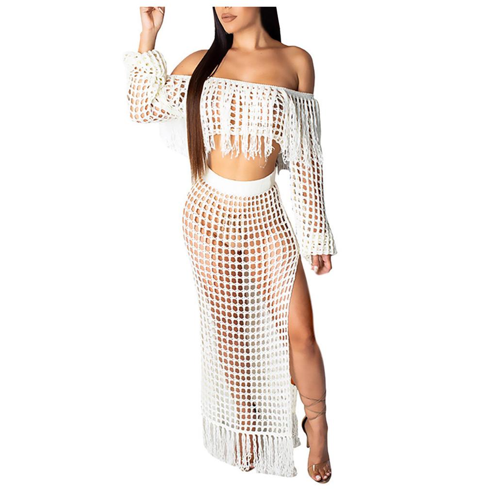 Women Sexy Long Sleeve Tassels Hollow Out Blouse Tops+Slit Beach Skirt Suit Sets