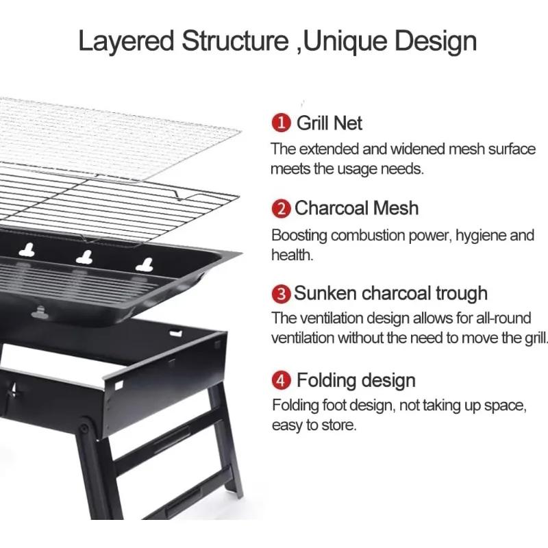 Zusammenklappbarer BBQ-Holzkohlegrill, tragbarer Holzkohlegrill aus Edelstahl, kleines Mini-Grillwerkzeug zum Kochen im Freien, Camping, Picknick am Strand
