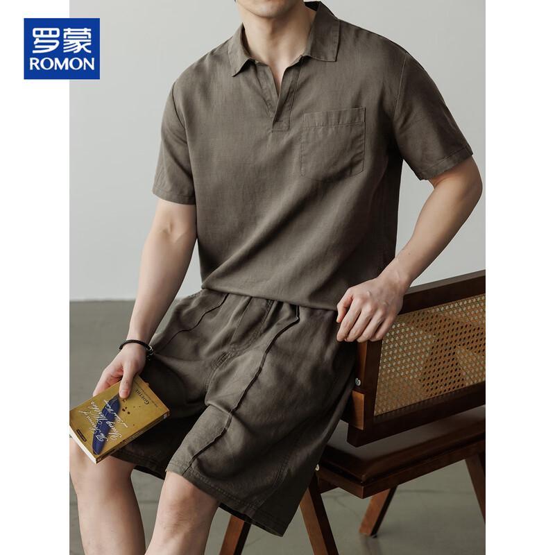 

ROMON Men s Cooling Tencel-Linen Short Sleeve T-Shirt & Shorts Set L