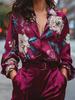 Bright Floral Print Wine-red Satin Blouse Suitable for Date and Vacation Lady's Shirt