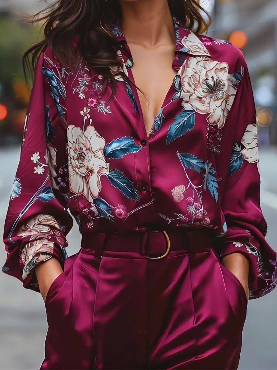 

Bright floral print wine-red satin blouse suitable for date and vacation lady s shirt S бордовый