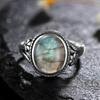 Měděný Vintage Prsten s Labradoritem, Oválný Kámen Starlight & Vyřezávaný Květinový Pásek, Boho Dámské Módní Šperky Přeshraniční