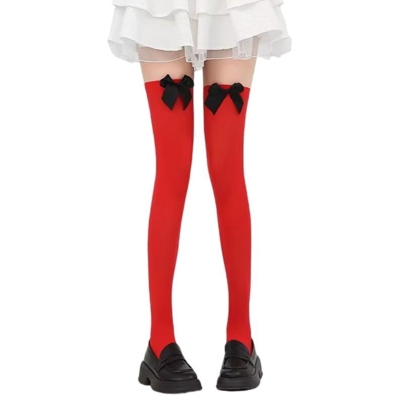 Christmas Thigh High Stockings Over the Knee Socks Halloween Cosplay Costumes for Womens Red Thigh High Socks with Bows