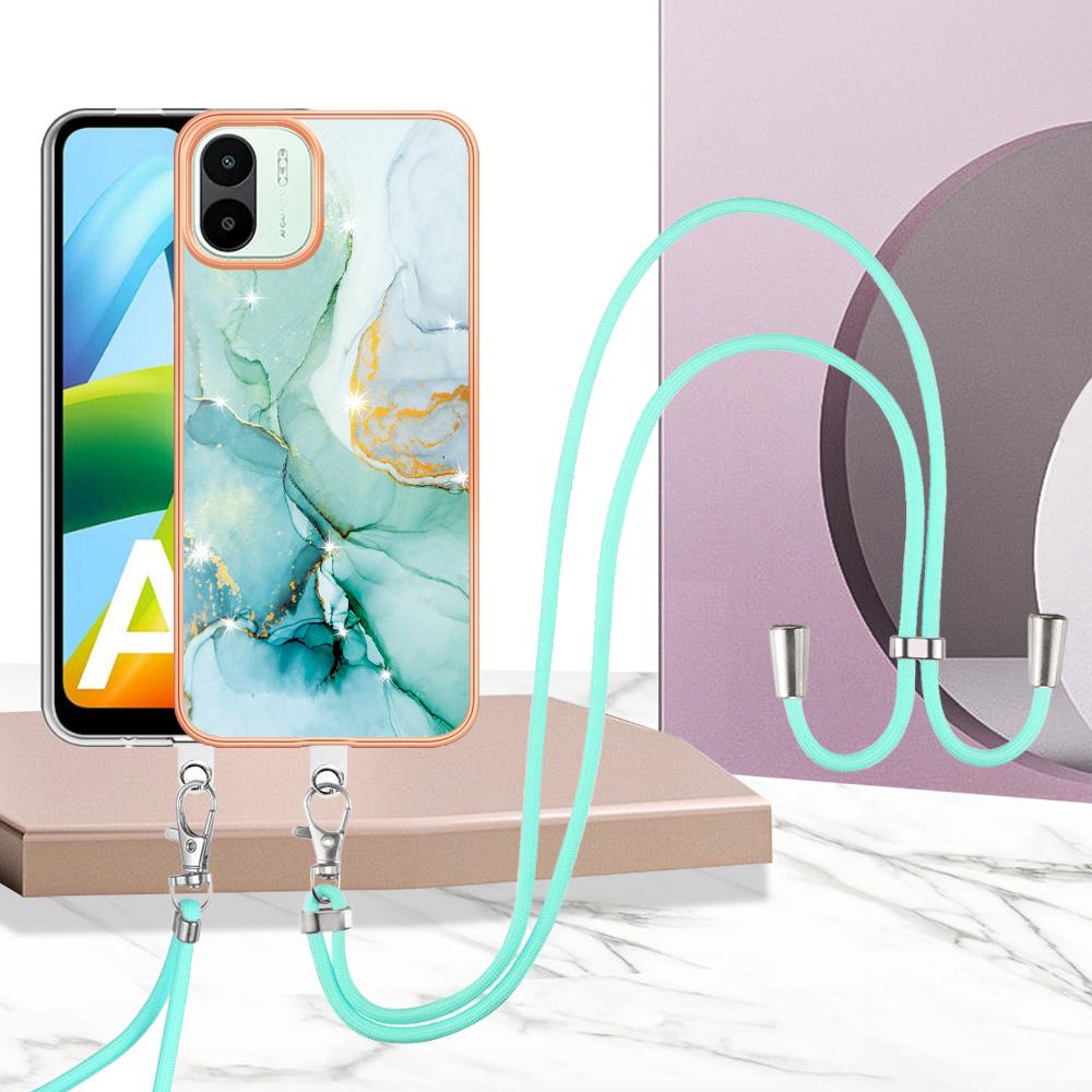 

For Xiaomi Redmi A1 4G/A2 4G Case with Shoulder Strap IMD IML Flower Pattern TPU Back Cover Green 003