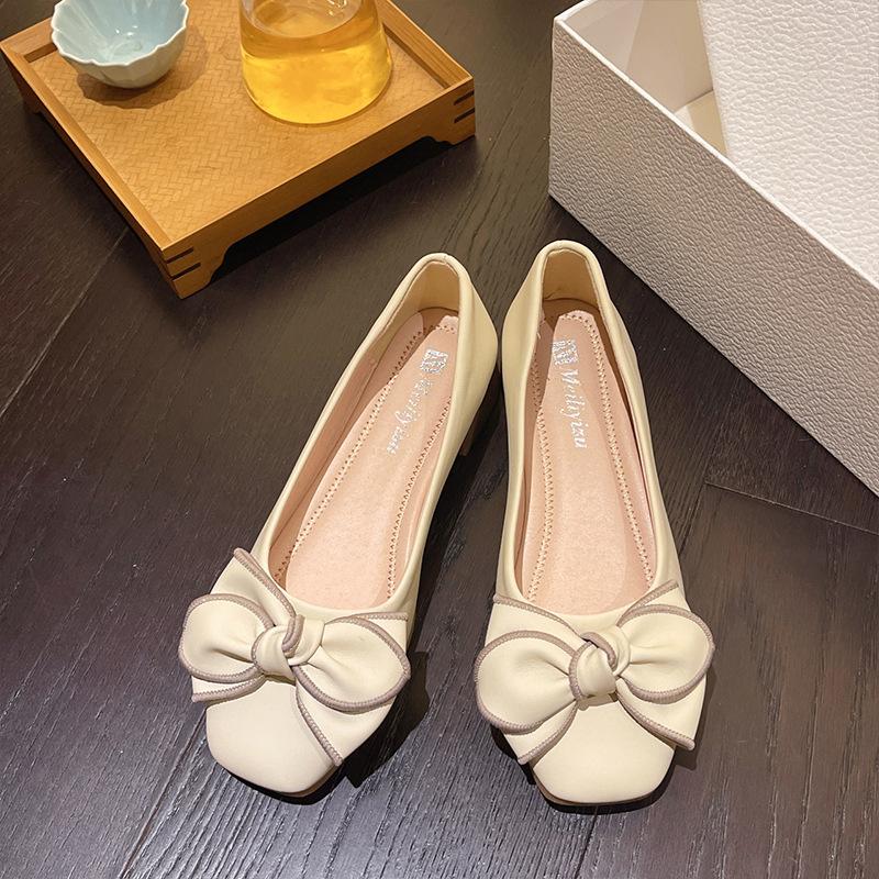 New Popular Fairy Style French Bow Beanie Shoes Women's Shallow Mouth Single Shoes Low Heel Shoes Ladyshoes Grandma Shoes