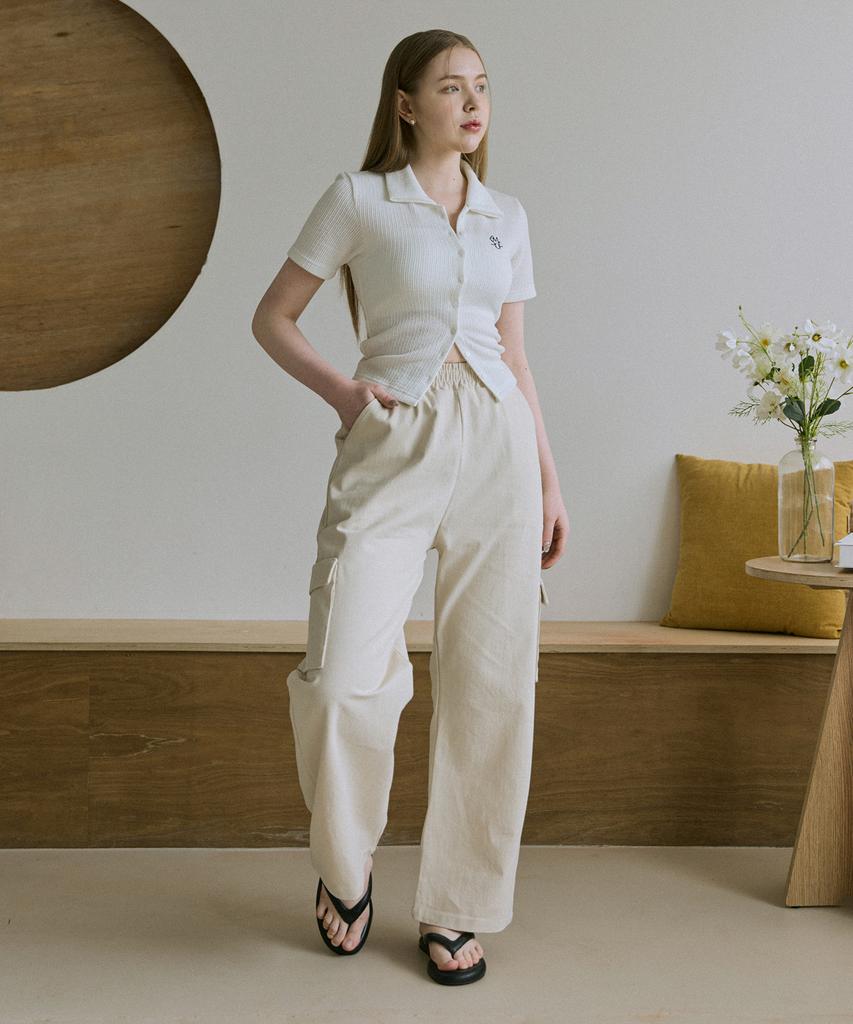 5OML Cotton Cargo Wide Elastic Waist Pants (Beige)