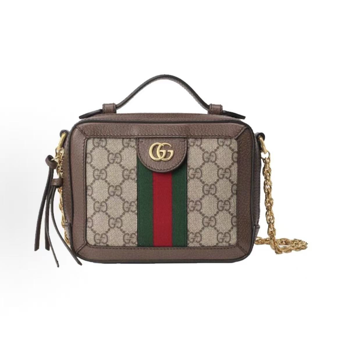 

Сумка-коробка з логотипом Gucci Ophidia з квітковим принтом, смугастим ланцюжком та полотном, комбінована зі шкіри та полотна Basic+Dust Bag ебеновий