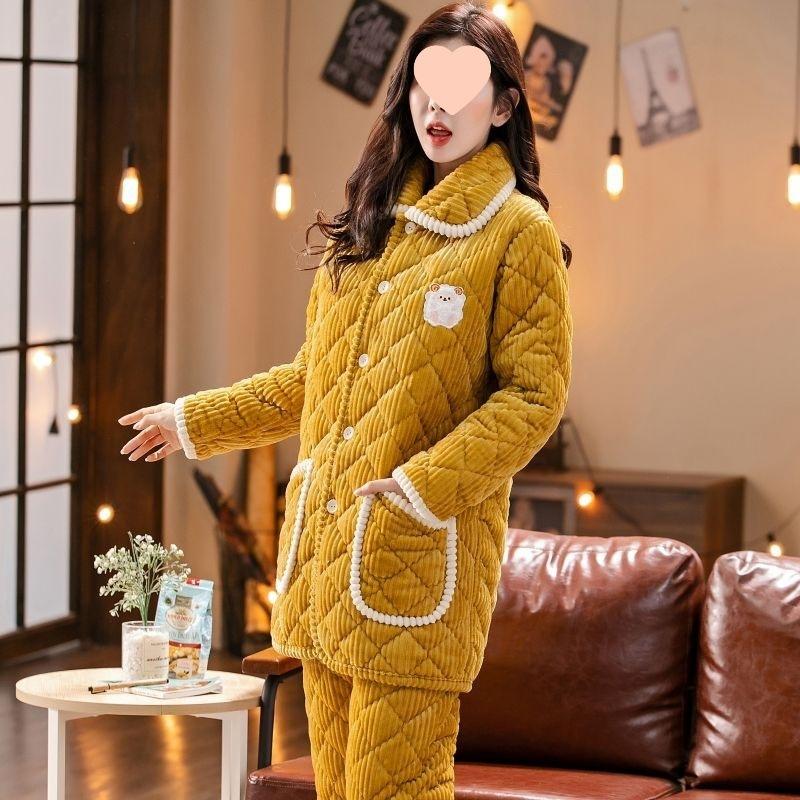 Pajamas women's winter warm winter fleece thickened coral fleece three layers of cotton autumn and winter women's loungewear