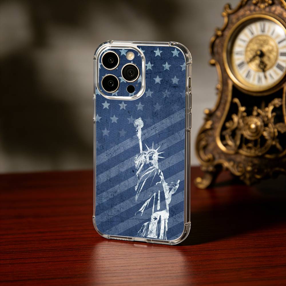 Statue L-Liberty America USA Flag Phone Case For iPhone 17 16 15 14 13 12 11 Mini Pro Max Plus Transparent Cover