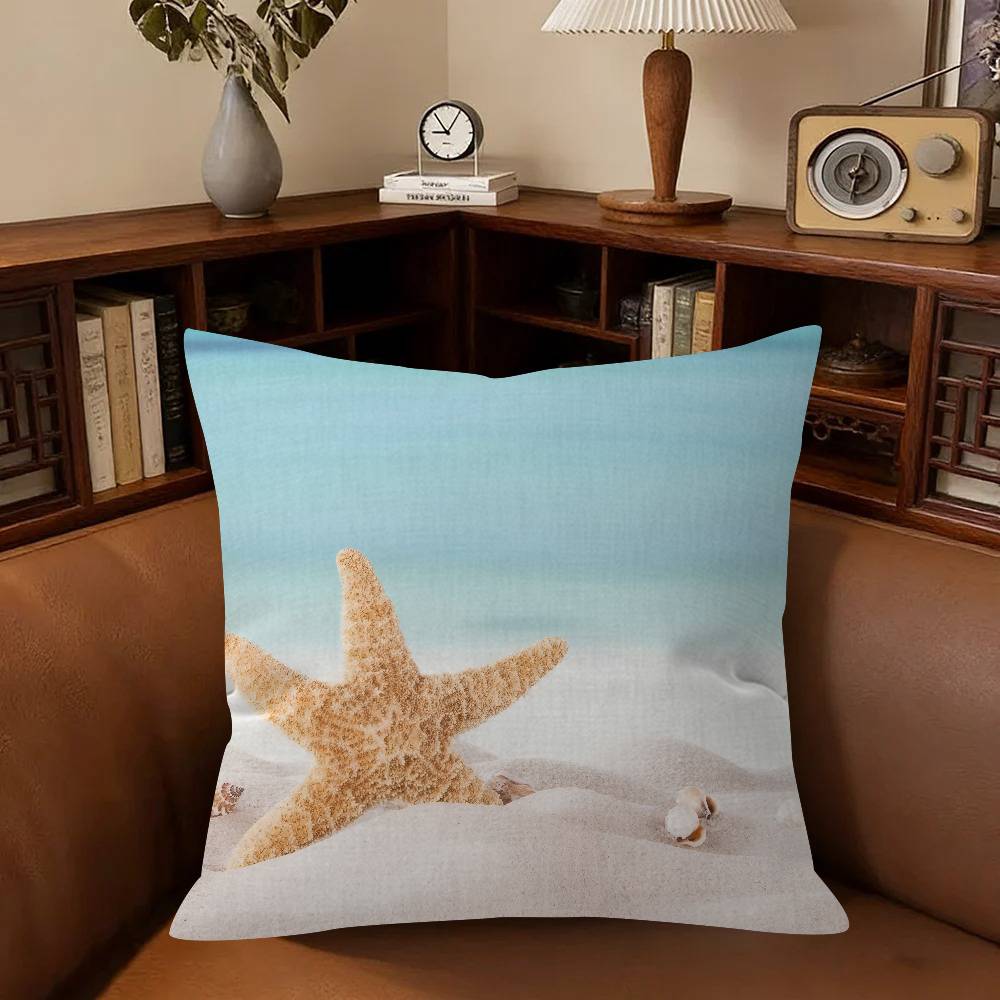 Serene Seaside Scenes Pillow Covers Cartoon Sofa Decorative Home Double-sided Printing Short Plush Cute Cushion Cover