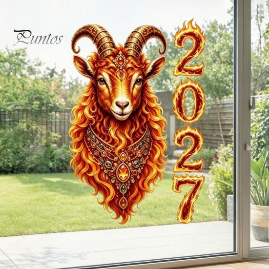 Flammenstruktur Sternzeichen Schaf Muster Aufkleber Chinesisches Neujahr Fenstersticker, 2027 des Ziegenstatisch Abnehmbar Elektrostatisch für Heimfenster Nein?Kleben
