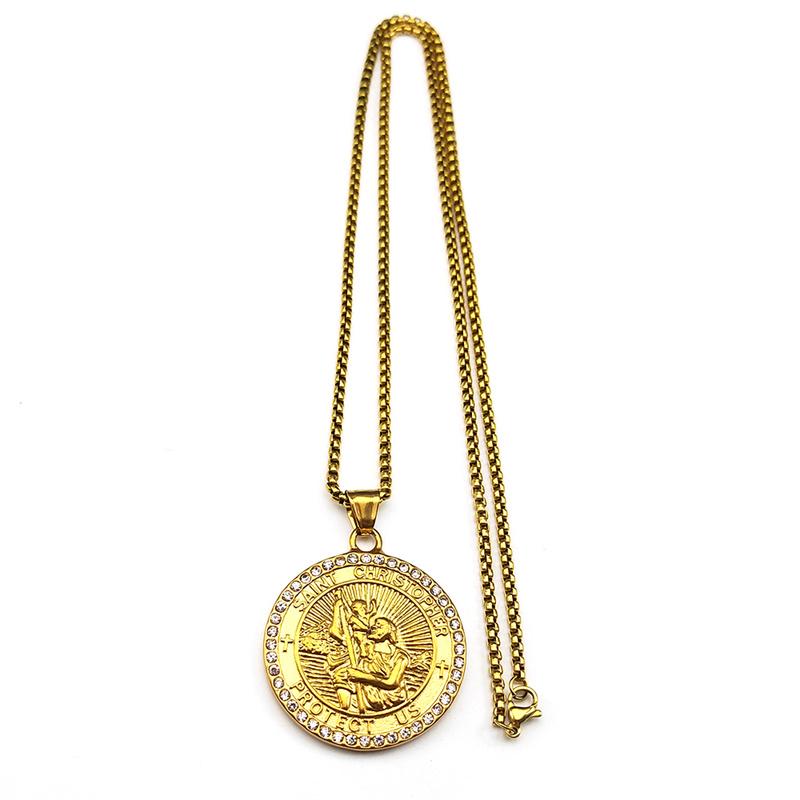 ST.Christopher Protect Us Medal Rhinestones Necklace Saint Christopher Stainless Steel Gold Color Christian Necklaces Jewelry