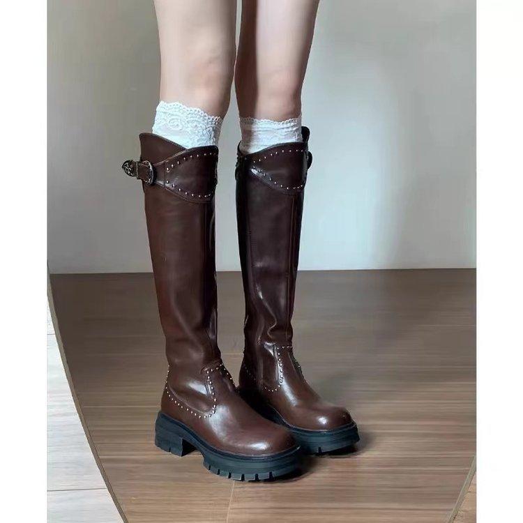 Women Knee High Boots Square High Heels 2025 Autumn Leather Thick Bottom Fashion Buckle Knight Long Botas Femininos