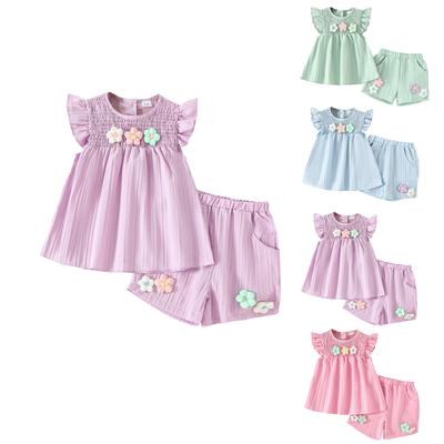 Little Flower Short Sleeve Top With Bow Shorts Summer Suit For Girls