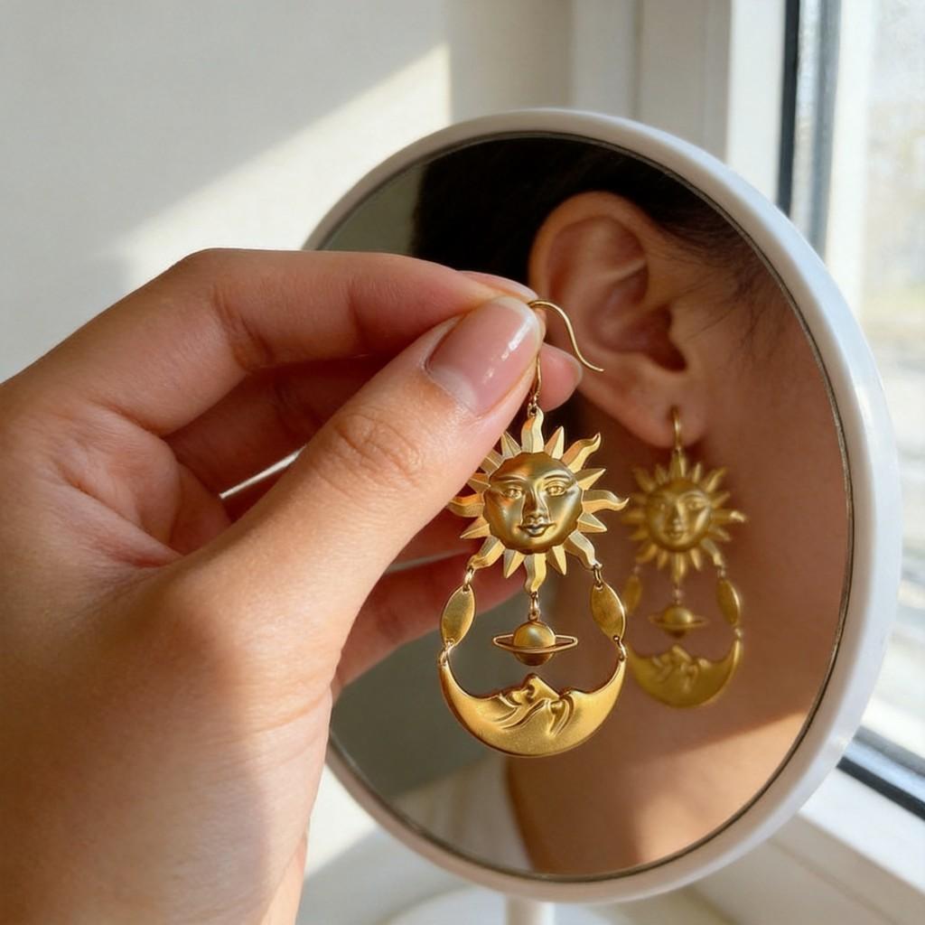 Legierung Ohrringe Sonne Mond mit Blumenmuster für Damen im Herbst
