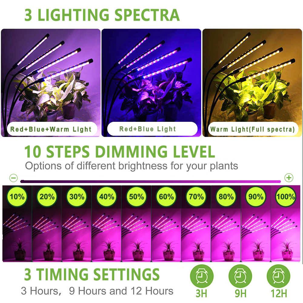 Lampes phyto à spectre complet 1 à 5 têtes avec contrôle de minuterie 30 à 150 LED Lampes à pince alimentées par USB pour la croissance des semis de fleurs en tente