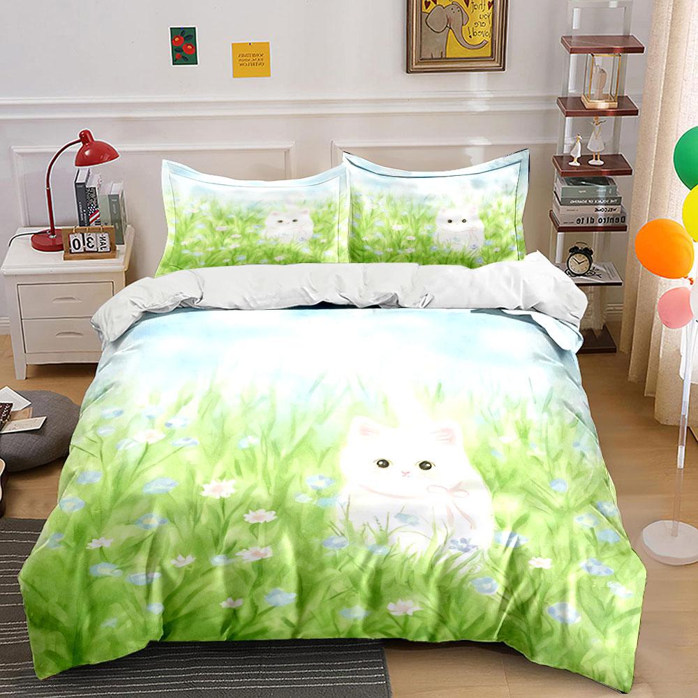 Cat-Themed Pastoral Art Set Soft Comfortable Duvet Cover Bedding Set Included 1*Duvet Cover & 2*Pillowcases, Gift