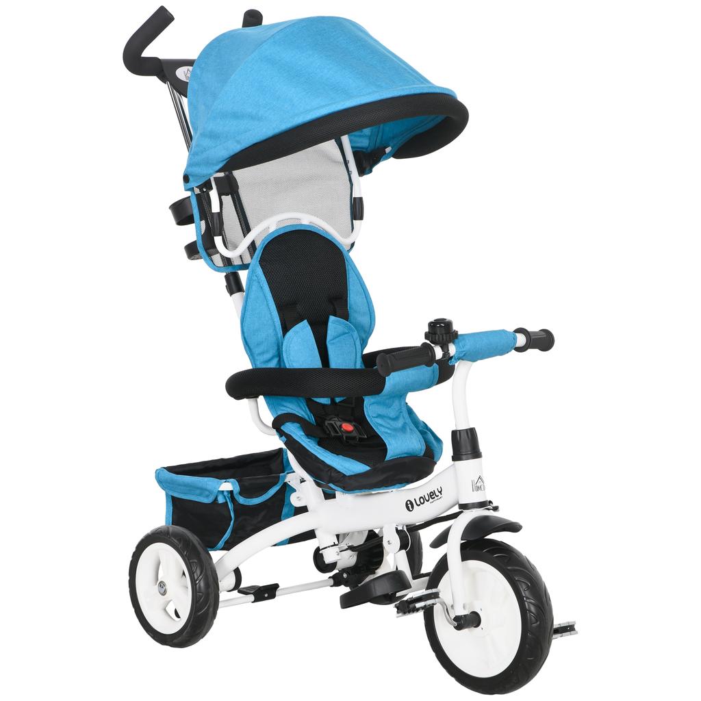 6-in-1 Children's Tricycle, Canopy, 5-Point Harness, Footrests, Brake, 1-5 Years, Blue
