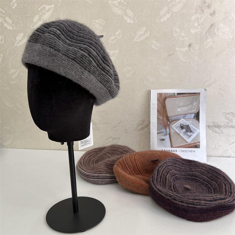 

Autumn and winter rabbit hair beret women s retro striped versatile wool painter hat fashion and warmth M（56-58cm） помаранчевий