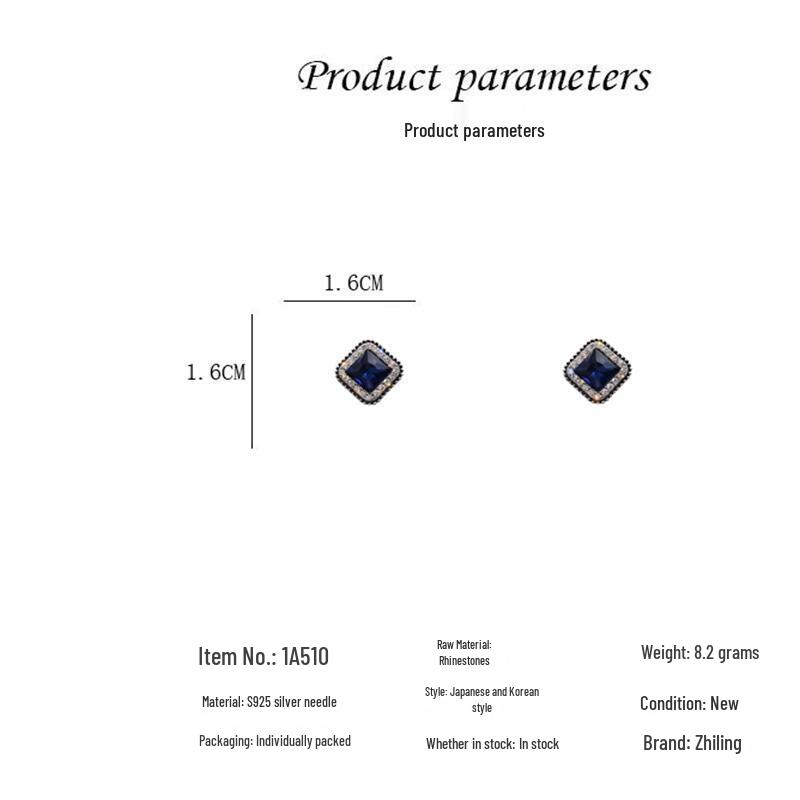 Korean Fashion Blue Crystal Square Stud Earrings for Women - S925 Sterling Silver