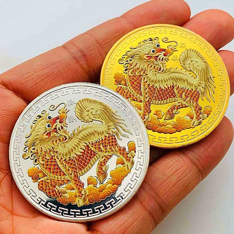 Chinese Qilin animal gold coins, painted commemorative medals, Hundred Blessings gold coins, coins, decorative commemorative coins