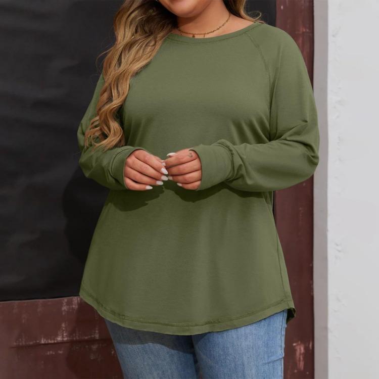 Loose Long Sleeve T Shirt Women Solid Round Neck Medium Top Thumb Hole