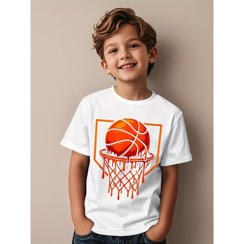 Kids Crewneck Short Sleeve Tee, Red Basketball Drip Print