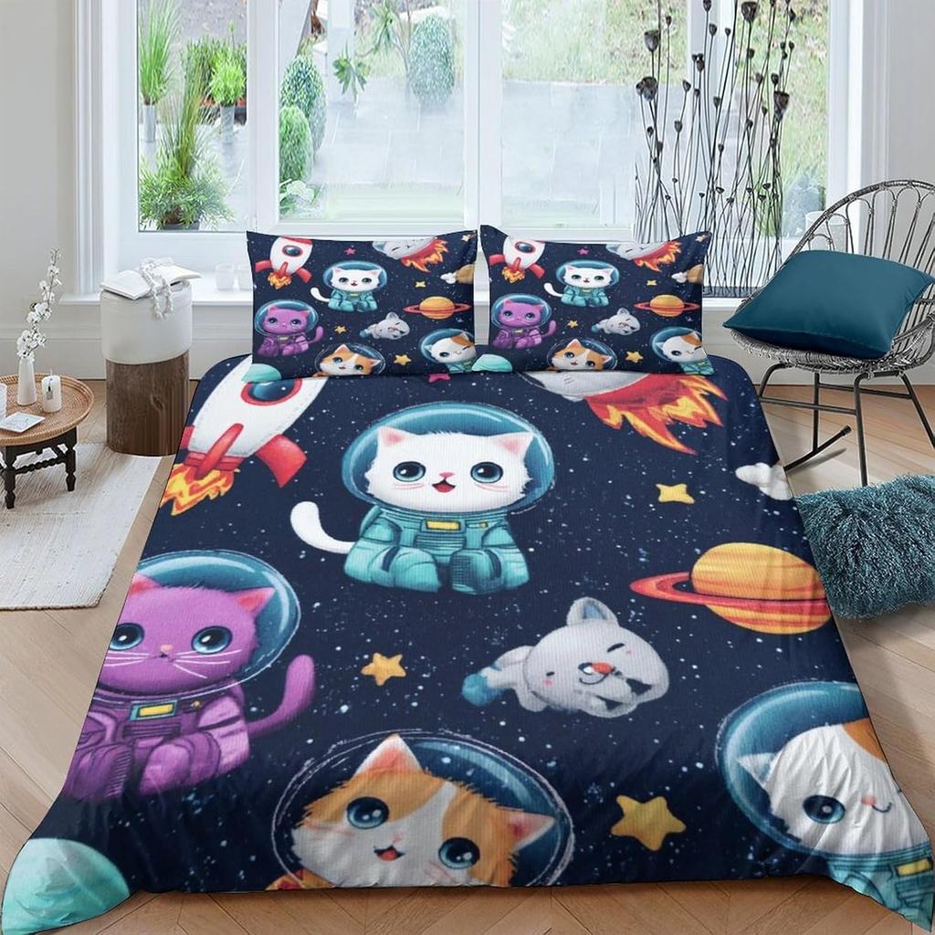 3D Microfiber Space Cats Quilt Cover All Season Bedding Set Pillowcase Cartoon Space Quilt Cover Machine Washable For Home Decor