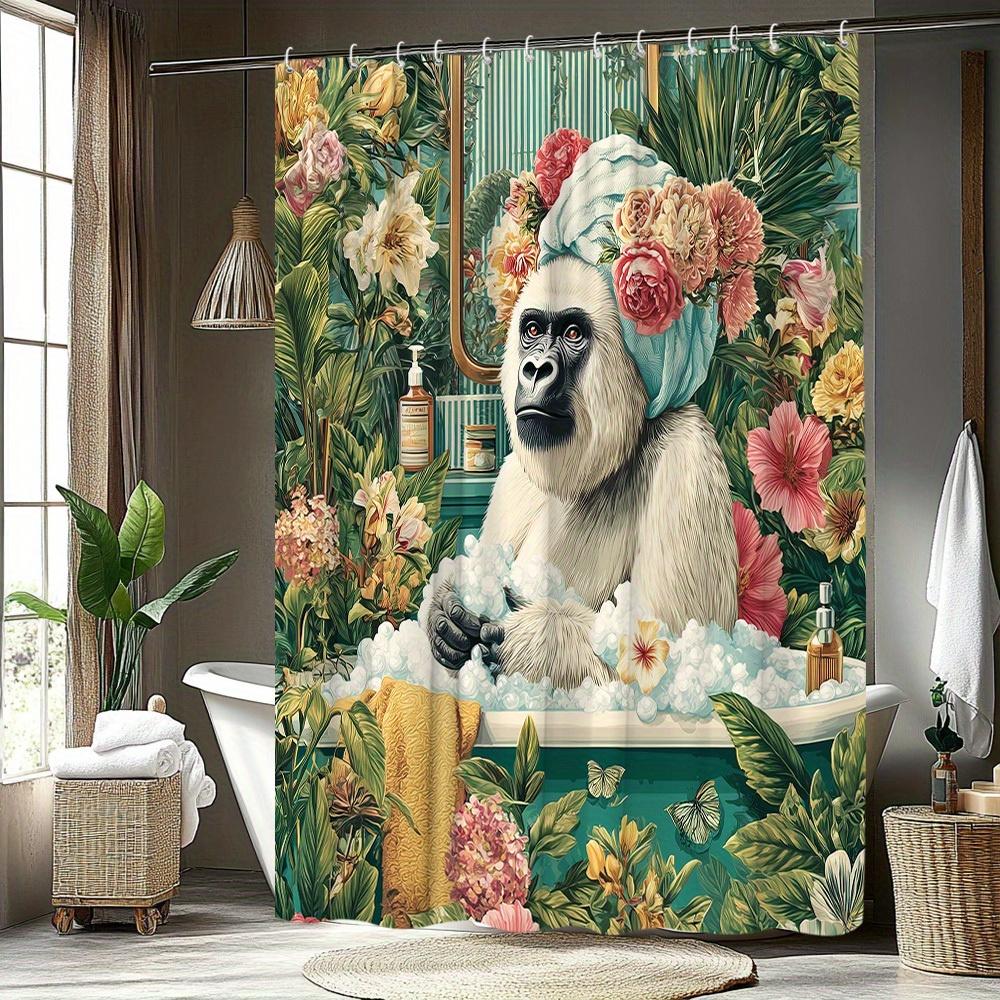 1Pc Tropical Style Gorilla Pattern Shower Curtain Mountains And Natural Flowers Decoration Bathroom Decor Polyester Fabric Conta