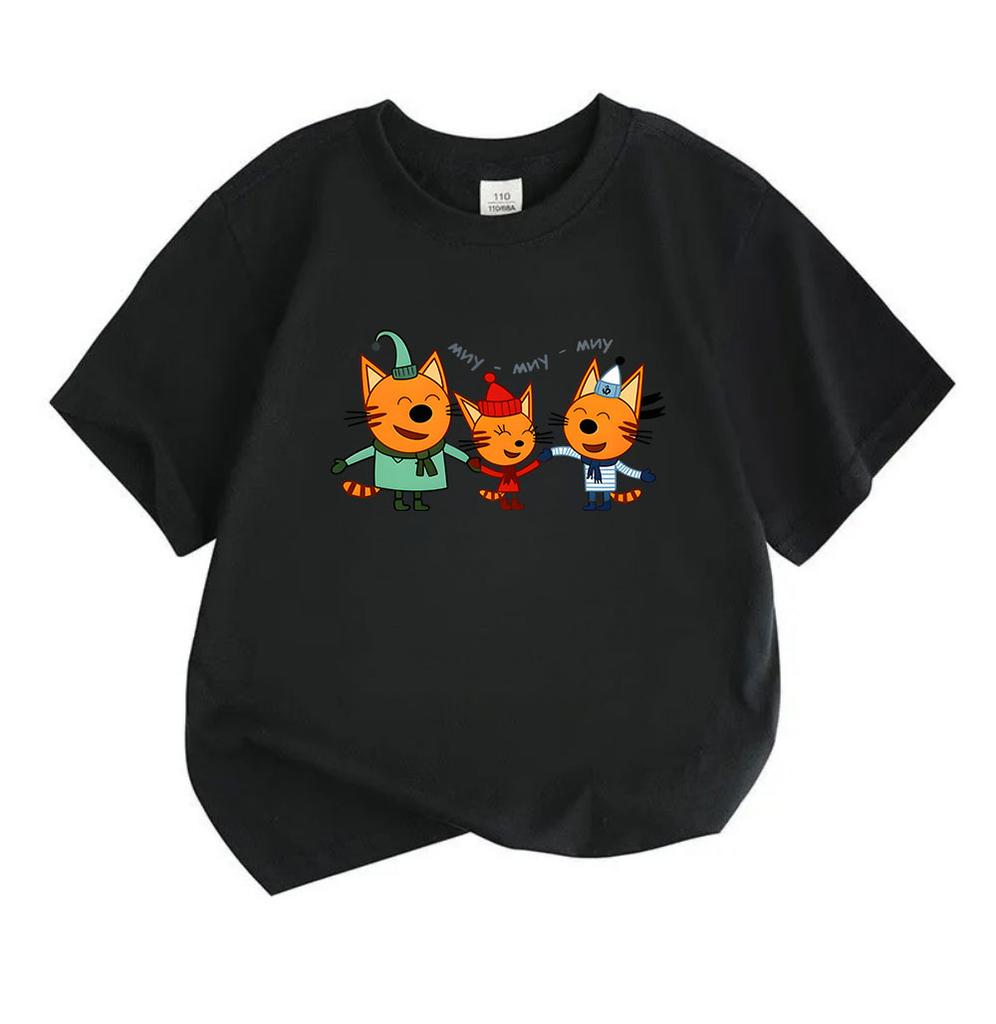 Toddler Boys Girls 100% Cotton O-neck Short Sleeve T-Shirt, Cute Orange Cartoon Cats Singing Pattern Casual Soft Breathable Tee for Kids Daily Wear Ho