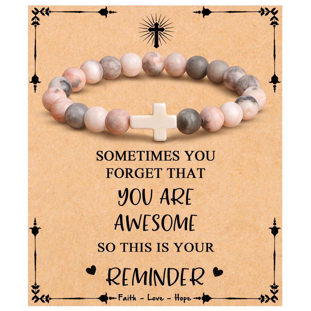 Emperor Stone Pink Zebra Beaded Bracelet with Cross Charm