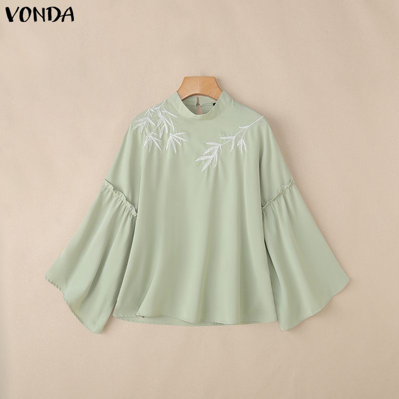 VONDA Damen Stehkragen Langarm Schlagarm Stickerei Elegant Lässig Bluse